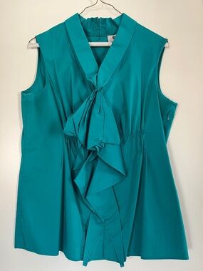 Worthington Teal Sleeveless Ruffle Tie-Neck Blouse